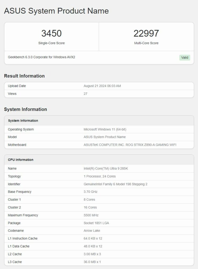 Intel Core Ultra 9 285K Geekbench 6 B