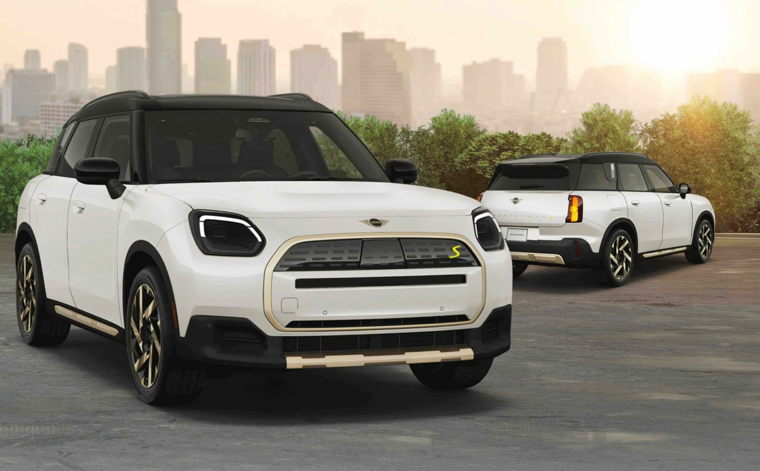 Two white MINI Countryman vehicles displayed