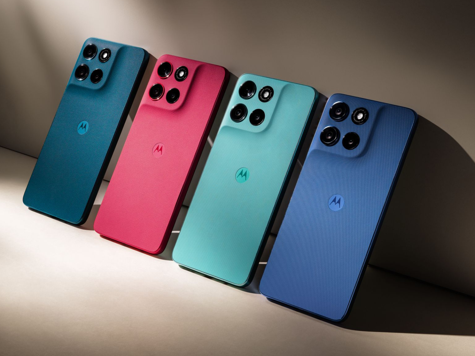 Four colorful Motorola smartphones displayed.