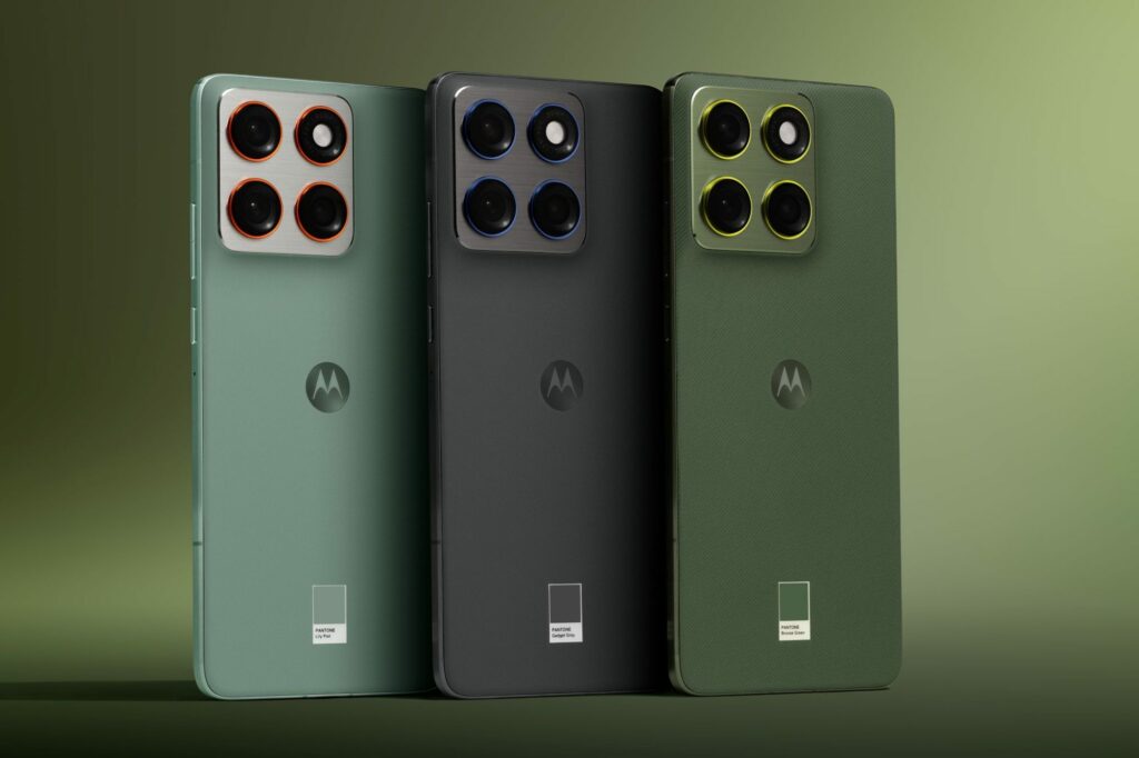 Three Motorola Edge 70 smartphones displayed